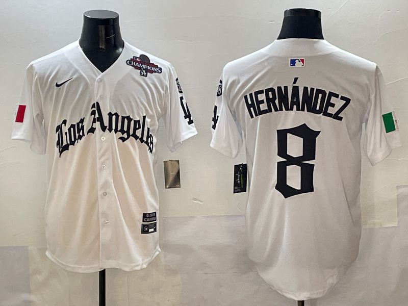 Men Los Angeles Dodgers #8 Hernandez White Five generations Joint Name 2025 Nike MLB Jersey style 8->los angeles dodgers->MLB Jersey